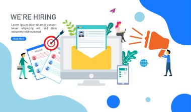 Bizimle çalışmak ister ve online işe alım kavramı küçük insanlarla karakter açılış sayfası, şablon, mobil uygulaması, afiş, şablon, vektör çizim için uygun