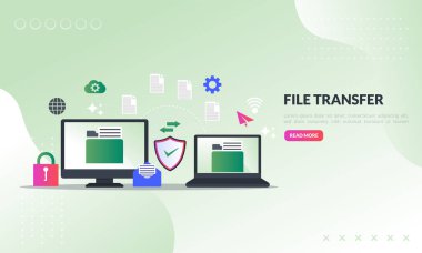 dosya aktarım konsepti, ekranda dizinleri ve aktarılmış belgeleri olan aygıtlar arasında dosya paylaşımı, yedekleme dosyaları, düz simge, web iniş sayfası, pankart, vektör şablonu için uygun
