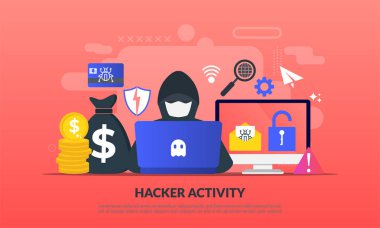 Hacker aktivite konsepti, güvenlik hack, online hırsızlık, suçlular, siyah maskeler giyen hırsızlar, bilgisayardan kişisel bilgileri çalmak, düz simge, web açılış sayfası için uygun, afiş, vektör t