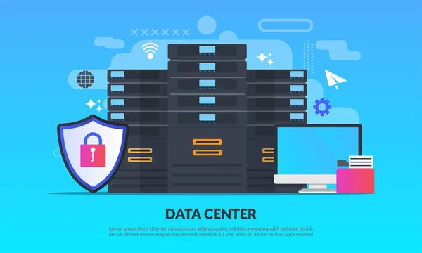 Conceito de data center, tecnologia de proteção e processamento de dados, servidor de hospedagem de conexão em nuvem, sistema de sincronização de banco de dados, ícone plano, adequado para página de destino na web, banner, modelo de vetor —  Vetores de Stock