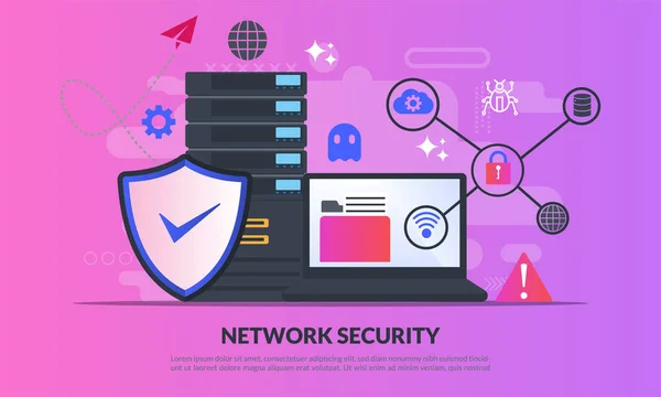Ağ güvenliği kavramı, Veritabanı güvenli ve kişisel veri koruma, Trafik Şifreleme, Vpn, Gizlilik Koruması, Virüsten Koruma Teknolojisi, düz simge, web açılış sayfası, afiş, vektör temp için uygun