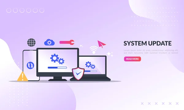 Mejora de la actualización del sistema Cambiar nueva versión de software. Instalación de proceso de actualización, programa de actualización, instalación de red de datos, icono plano, adecuado para la página de destino web, banner, plantilla de vector — Vector de stock