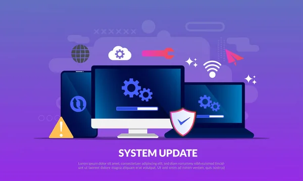 System Update Improvement Change Új verzió szoftver. Frissítési folyamat telepítése, frissítési program, adathálózat telepítése, lapos ikon, alkalmas webes kezdőlap, banner, vektor sablon — Stock Vector