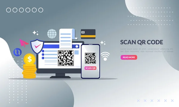 Conceito de código QR, Um telefone celular com um scanner lê o código qr no computador para compras on-line e pagamento, ícone plano, adequado para a página de destino da web, banner, modelo de vetor — Vetor de Stock