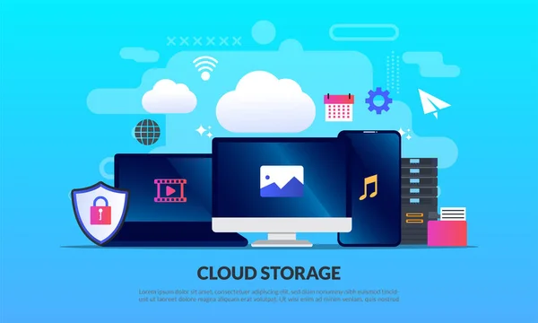 Concetto di tecnologia di archiviazione cloud, caricamento e download sicuro dei dati, servizio di rete di hosting o sistema di archiviazione di database online, icona piatta, adatta per pagina di destinazione web, banner, modello vettoriale — Vettoriale Stock