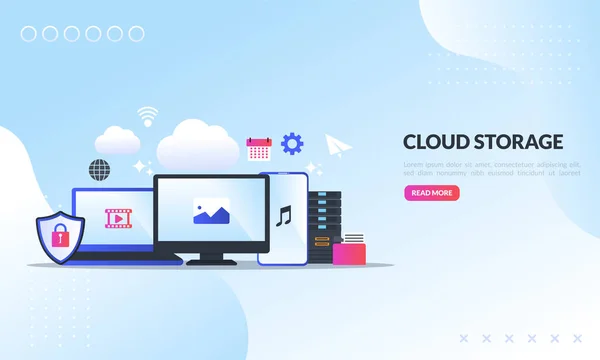 Concetto di tecnologia di archiviazione cloud, caricamento e download sicuro dei dati, servizio di rete di hosting o sistema di archiviazione di database online, icona piatta, adatta per pagina di destinazione web, banner, modello vettoriale — Vettoriale Stock