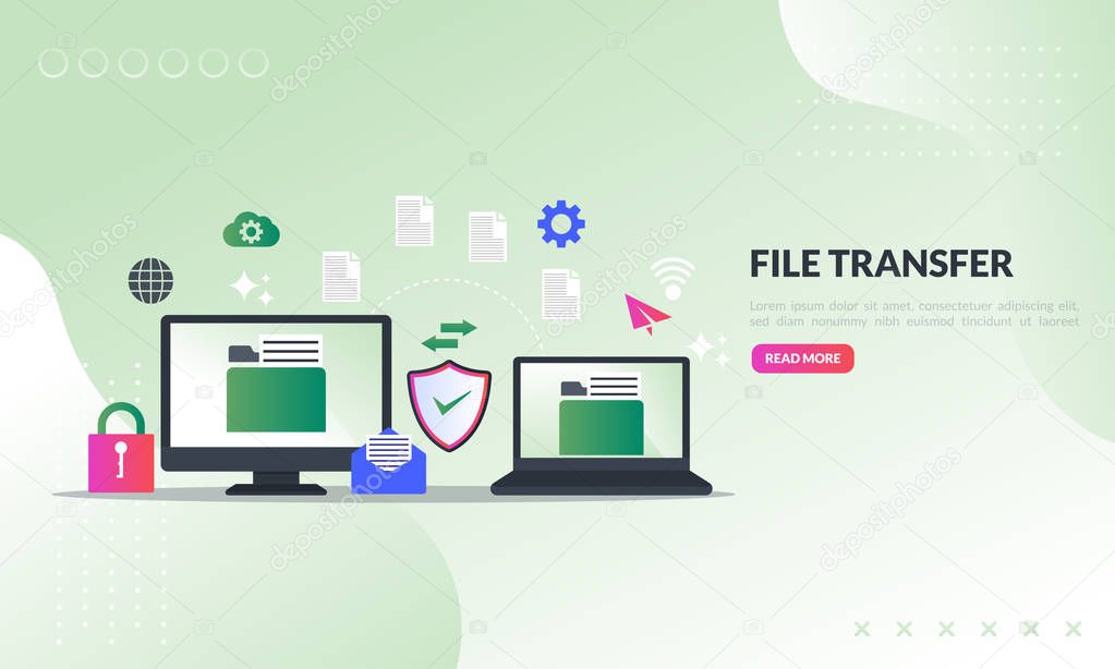 file transfer concept, sharing files between devices with folders on screen and transferred documents, Backup files, flat icon,suitable for web landing page, banner, vector template