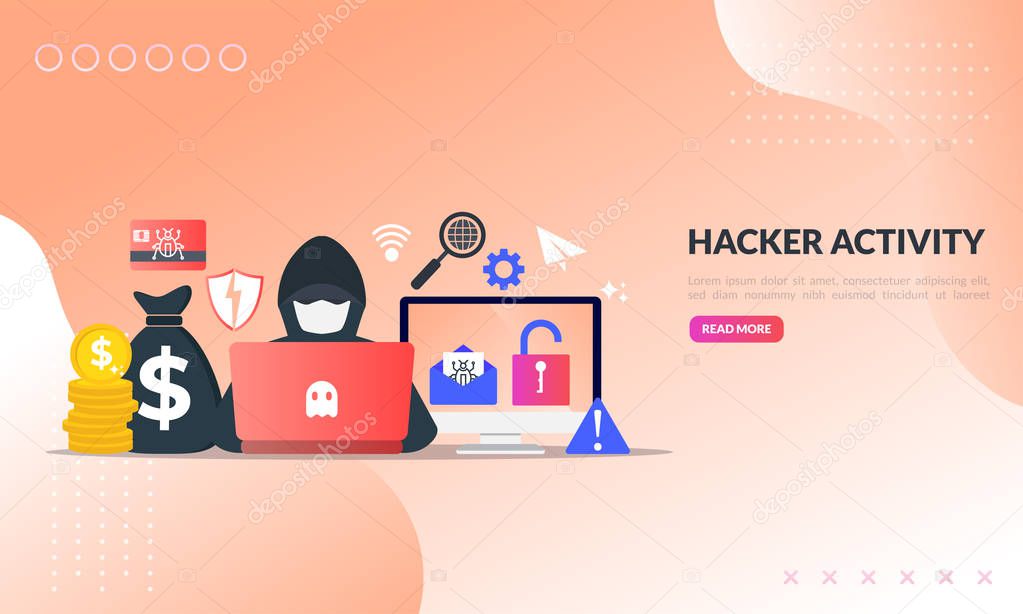 Hacker activity concept, security hacking, online theft, criminals, burglars wearing black masks, stealing personal information from computer, flat icon,suitable for web landing page, banner, vector t