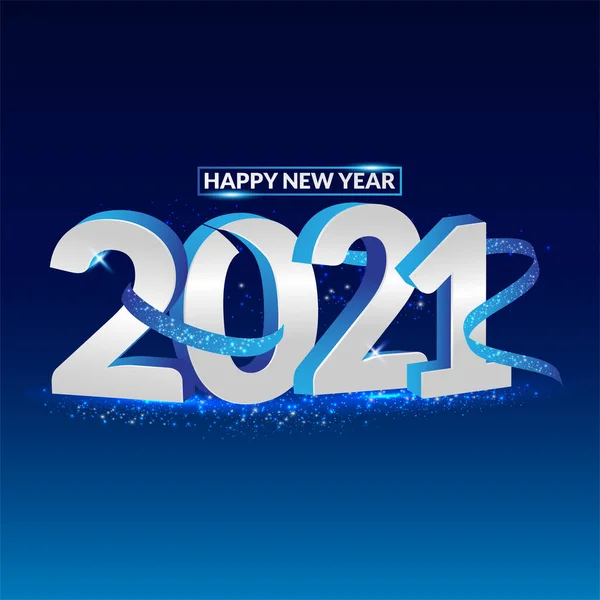 Mutlu 2021 'ler. Parlak parıltılı mavi numara. Tebrik kartı, takvim ve afiş için şenlikli premium tasarım şablonu. Siyah arka planda parlayan ışıklar daire çiziyor. Vektör illüstrasyonu