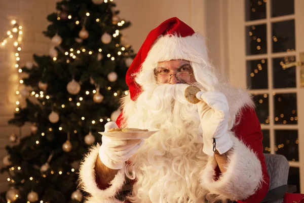 Weihnachtsmann Hält Einen Keks Der Hand Hintergrund Der Weihnachtsbaum — Stockfoto
