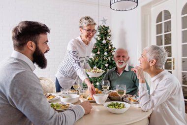 Aile üzerinde Noel tatili için toplanan kutluyor, öğle yemeği 