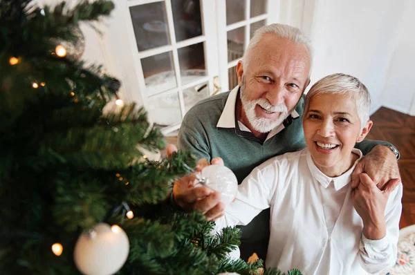 Pareja Mayor Decorando Árbol Navidad —  Fotos de Stock