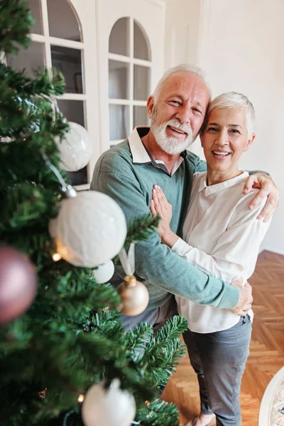 Pareja Mayor Decorando Árbol Navidad —  Fotos de Stock