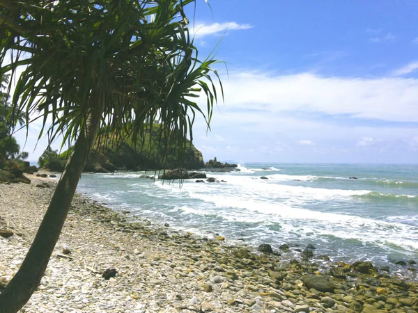 Пляж Наповнений Камінням Білі Хвилі Бульбашки Березі Повні Дерев Блакитне — стокове фото