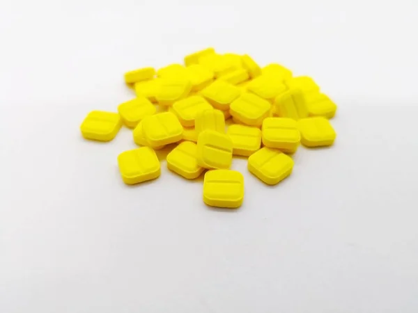 Medication Healthcare Concept Many Square Yellow Pills Dexamethasone Isolated White — Stock Photo, Image