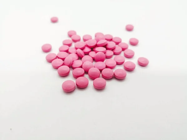 Gyógyszer Egészségügyi Koncepció Sok Kerek Rózsaszín Tabletta Aszpirin Elszigetelt Fehér — Stock Fotó