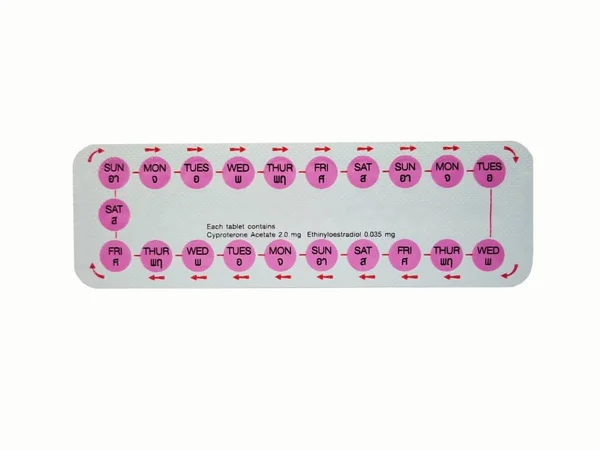 İlaç ve sağlık kavramı. Oral kontraseptif uyuşturucu. 21 kahverengi hapları oluşur etinil östradiol 0.035 mg. ve Cyproterone asetat 2.0 mg., Doğum kontrol. Kürtaj sorunu kavramı. Beyaz arka plan üzerinde izole, uzay ve kırpma yolunu kopyalayın