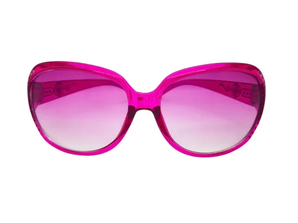 Moda ve sağlık kavramı. Pembe objektif pembe plastik çerçeveli güneş gözlüğü. Beyaz arka plan üzerinde izole, uzay ve kırpma yolunu kopyalayın.