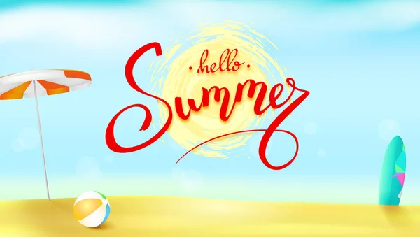 Horizontal summer background with sun umbrella, inflatable ball and surfboard. Handwritten text summer above the symbol of sun in brush grunge style. Sunny beach with sand and blue sky. — Stock Vector