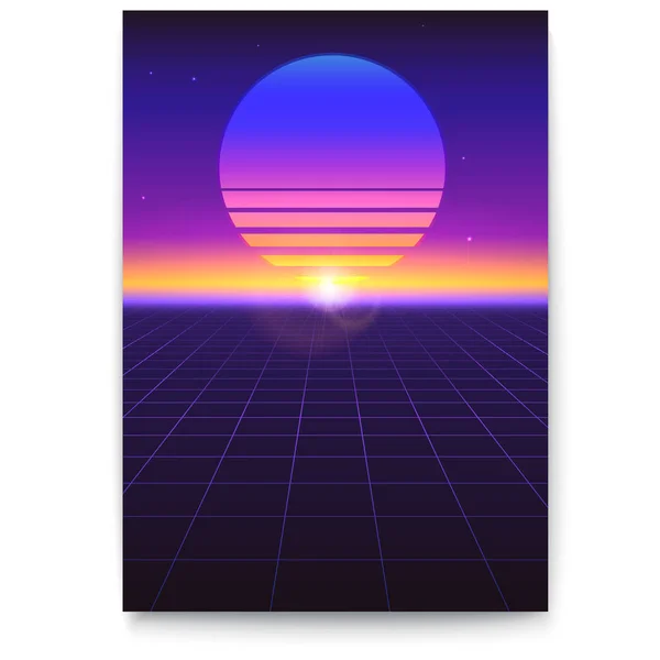 Capas futuristas retrô. Paisagem digital abstrata em um mundo cibernético em estilo 1980. fundo Sci Fi para banner, brochura, layout, ilustração 3D. Modelo de vetor de cartaz — Vetor de Stock