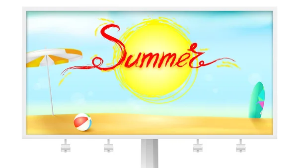 Plakatwand mit sommerlichem Hintergrund. Sonnenschirm, aufblasbarer Ball und Surfbrett. Acryl handgeschriebenen Text Sommer über dem Symbol der Sonne. Sonnenstrand mit goldenem Sand und blauem Himmel. — Stockvektor