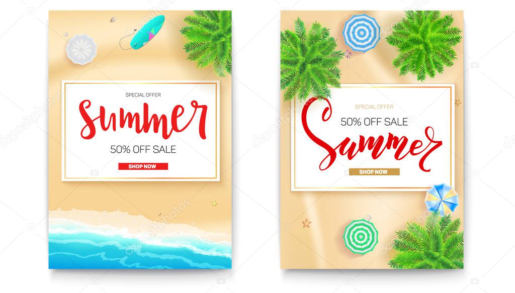 Set of summer sale posters for touristic events, travel agency actions. Get up to fifty percent discount. Summer sale banner. Tropical landscape, beach seashore ocean, sun umbrella, palms, top view