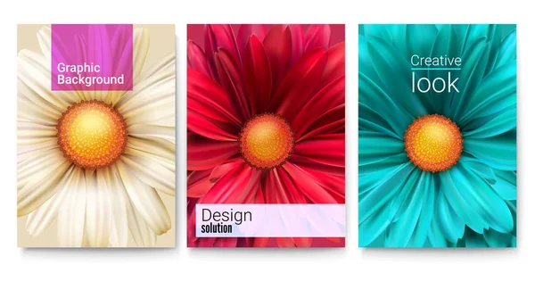 Serie di copertine di primavera con progetto di testo e gemma di fiori primo piano. Sfondo modellato con motivi di margherite per banner brochure, layout, illustrazione 3D. Modello vettoriale di poster — Vettoriale Stock