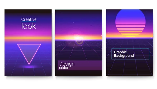 Set of retro futuristic covers. Abstract digital landscape in a cyber world. Sci Fi background for banner, brochure, layout, 3D illustration. Vector template of poster — Stock Vector