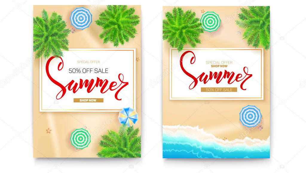 Set of summer sale posters for touristic events, travel agency actions. Summer sale banner with fifty percent discount. Tropical landscape, beach seashore ocean, sun umbrella, palms, top view