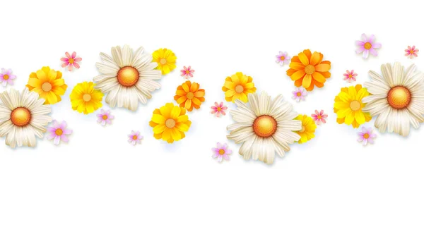Patrón abstracto floral de primavera con brote de flores de verano. Conjunto de flores silvestres aisladas en blanco. Margaritas, crisantemos, plantilla para la cubierta, invitaciones de boda, carteles, banner de anuncios . — Archivo Imágenes Vectoriales