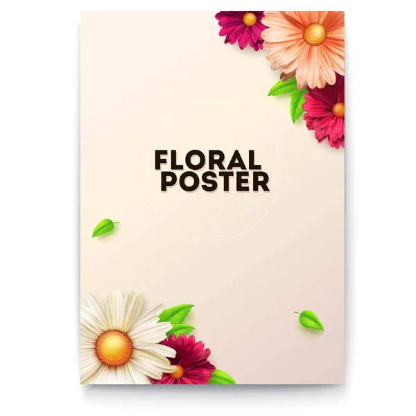 Bouquet di boccioli floreali e foglie verdi su poster. Concetto per eventi di vacanze estive. Congratulazioni per il compleanno di primavera o anniversario. Scheda Vintage, modello da fiori Illustrazione 3D . — Vettoriale Stock