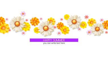 Mutlu yaz bahar çiçek tomurcuğu ile soyut çiçek desenli. Kır çiçekleri beyaz izole kümesi. Papatya, kasımpatı, kapak, düğün davetiyeleri, posterler, reklam afiş için şablon.