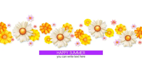 행복 한 여름, 봄 꽃의 꽃 봉 오리와 꽃 추상 패턴. 흰색 절연 야생화의 집합입니다. 데이지, 국화, 광고 배너, 포스터, 청첩장, 커버에 대 한 서식 파일. — 스톡 벡터