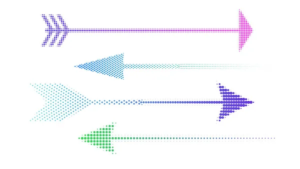 Symbole farbiger Halbtonpfeile. Satz abstrakter Vektorpfeile aus Punkten, die auf weißem Hintergrund isoliert sind, Symbol für Bewegung — Stockvektor