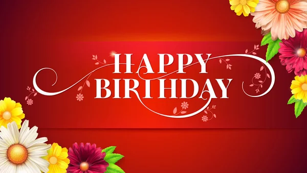 Buon compleanno disegno lettering floreale. Biglietto di compleanno con fiori primaverili ed estivi. Stile decorativo di calligrafia con margherite. Design di stampa disegnato a mano. Lettere a pennello vettoriale, illustrazione 3D . — Vettoriale Stock