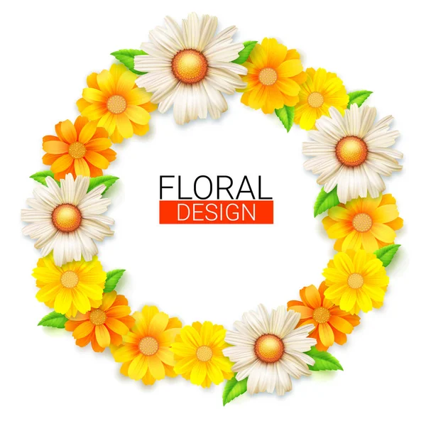 Λουλούδι στεφάνι από αγριολούλουδα της άνοιξης. Με φόντο το καλοκαίρι για Συγχαρητήρια, προσκλήσεις και εκδηλώσεις των ταξιδιωτικών πρακτορείων. Floral διάνυσμα φόντο, απομονώνονται σε λευκό, 3d απεικόνιση — Διανυσματικό Αρχείο