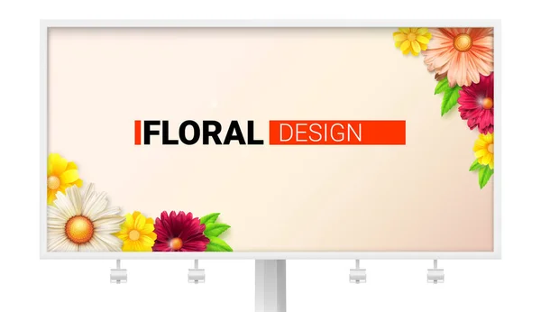 Floral σχέδιο για πινακίδα. Κάρτα με λουλούδια άνοιξη, καλοκαίρι. Διακοσμητικά καλοκαίρι, άνοιξη στυλ με μαργαρίτες, χρυσάνθεμα. Σύνθεση με ζέρμπερες, χαμομήλι. Πρότυπο διάνυσμα, 3d απεικόνιση — Διανυσματικό Αρχείο