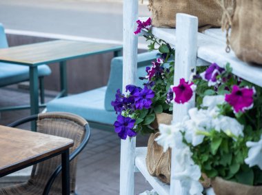 Yumuşak seçici odak, rengarenk çiçeklerle süslü sokak kafe iç arka plan bulanık. Açık hava restoranı multicolour çiçek dolu fotoğraf kapatın. Café'de çiçek düzenleme.