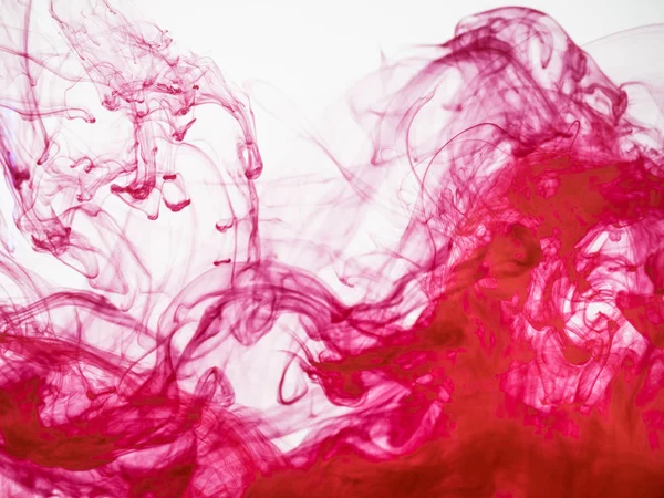 물에 용 해 하는 빨간 잉크의 패턴의 이미지. 흰색 배경에 고립 된 잉크를 녹 이기의 운동입니다. 아크릴 컬러까지, 추상 배너 가까이 물에 용 해의 물방울. — 스톡 사진