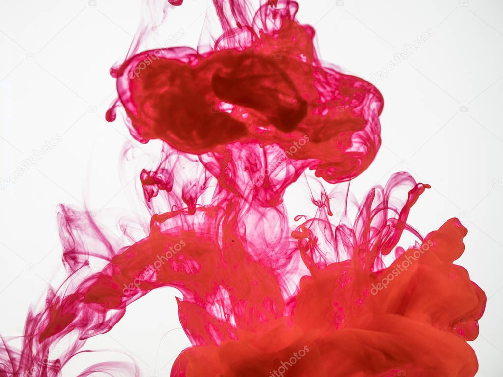 Splash of red acrylic ink under water isolated on white background. Red ink dropped into water and photographed while in motion. Image of frozen red coloured flow of paint in water.