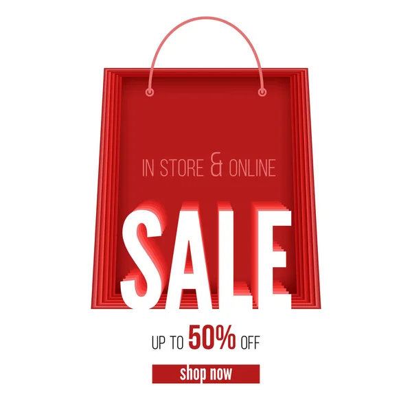 Sale banner in paper cut style. In store and online get up to fifty percent. Shopping bag with design of text message. Design of layout for discount events. Vector template for cards, invitation — Stock Vector