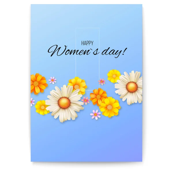 Cover-Design, florales Muster von Frühlingswildblumen. Blumenvektorposter mit Blüte. Glückwunschkarte für einen glücklichen Frauentag. Sommerbanner für Glückwünsche, Einladungen, Poster, 3D-Illustration. — Stockvektor