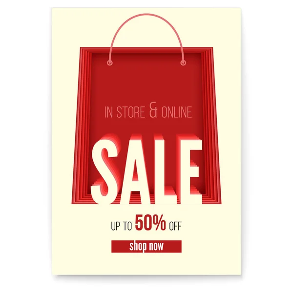 购物袋在海报与销售行动在商店和网上得到高达50% 的折扣。剪纸风格与文字信息的设计。折扣活动布局设计, 3d 插图 — 图库矢量图片