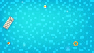 Yüzme Havuzu üstten görünüm. Yüzme yüzük, plaj topu, mavi su içerisinde yüzen şişme yatak. Yaz konser seyahat olaylar için. Dalgalanma ile akan dalgalar. Tasarımınız için vektör arka plan