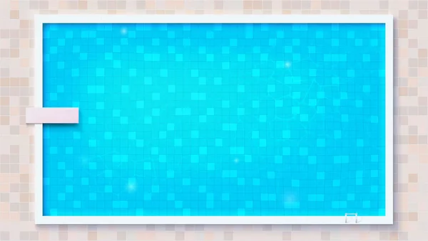 Blue ripped water in swimming pool and diving board, top view. Big outdoor pool with board for jumping into water, flat lay view. Vector template for events, posters, cover. — Stock Vector