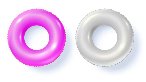 Anillos de natación aislados en blanco, vista superior. Círculos inflables blancos y rosados para nadar, cama plana. Iconos vectoriales con sombra, plantilla para su diseño de verano, portada, carteles . — Vector de stock