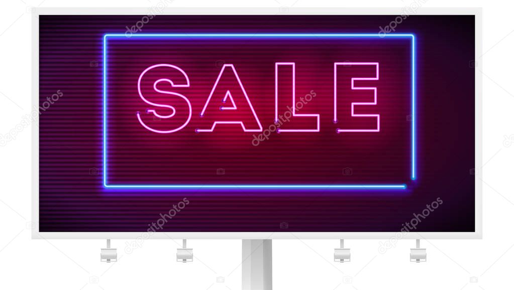 Neon sale sign on dark wall background. Editable vector billboard. 3D illustration with glowing shapes isolated on white. Luminous signboard, nightly advertisement of sales and discount events.