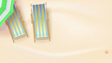 Yaz kumlu plaj güneş şemsiye ve şezlonglar, üstten görünüm. Vektör arka plan'yaz, düz en iyi anları yatıyordu. Yaz tatili yatay 3d çizimi sunny Beach.