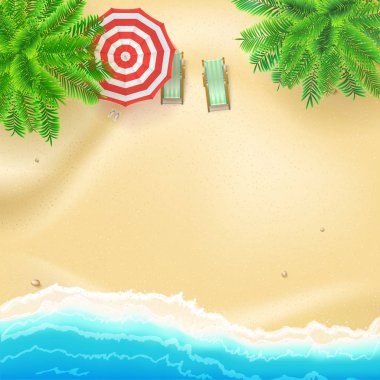 Deniz kıyısı ve kumlu plaj, düz yatıyordu. Kumsalı yaz aksesuarları ile en iyi görünümü. Tropikal plaj, avuç içi, sörf dalgalar, Güneş şemsiyesi, şezlonglar. Gerçekçi vektör arka plan'yaz en iyi anları