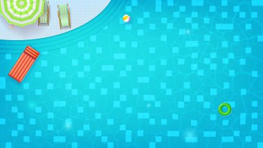 Yüzme Havuzu üstten görünüm. Şezlong, şemsiye, ring, plaj topu suda yüzen. Yaz konser seyahat olaylar için. Dalgalar, dalgalanma ile akan düz yatıyordu. Vektör arka kapak, poster, afiş için